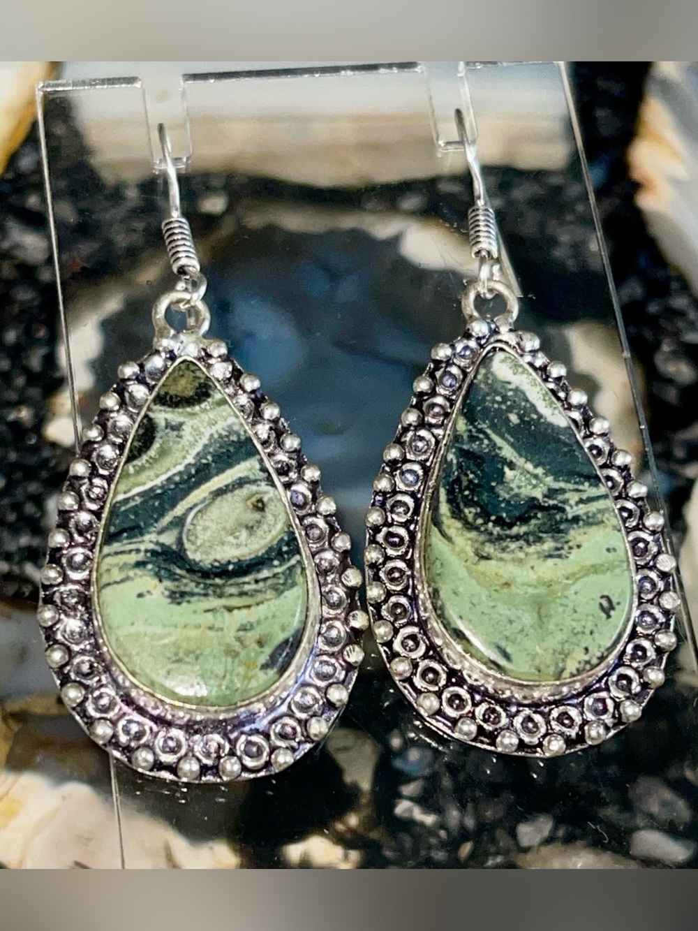 Crocodile Kambaba Jasper Earrings “Peace & Tranquility Stone” 2 1/4”